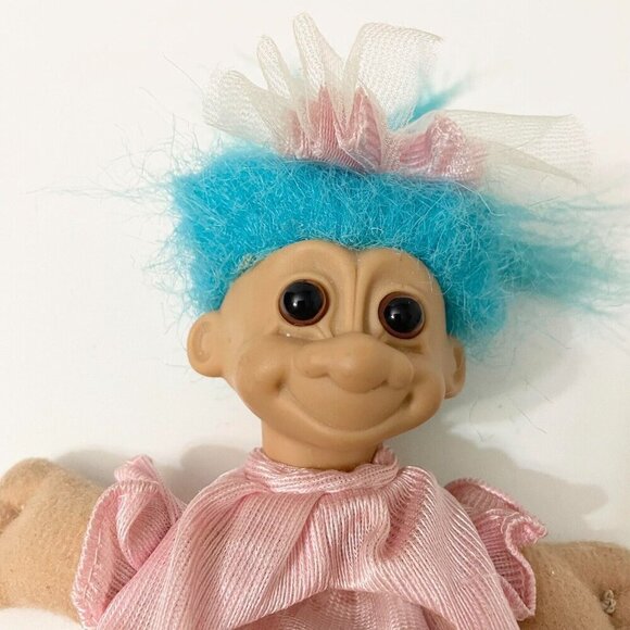 Vtg 1992 Russ Troll Doll Blue Hair Open Bag Stomach Fillable Gift Toy Set 6 Inch - Picture 16 of 16